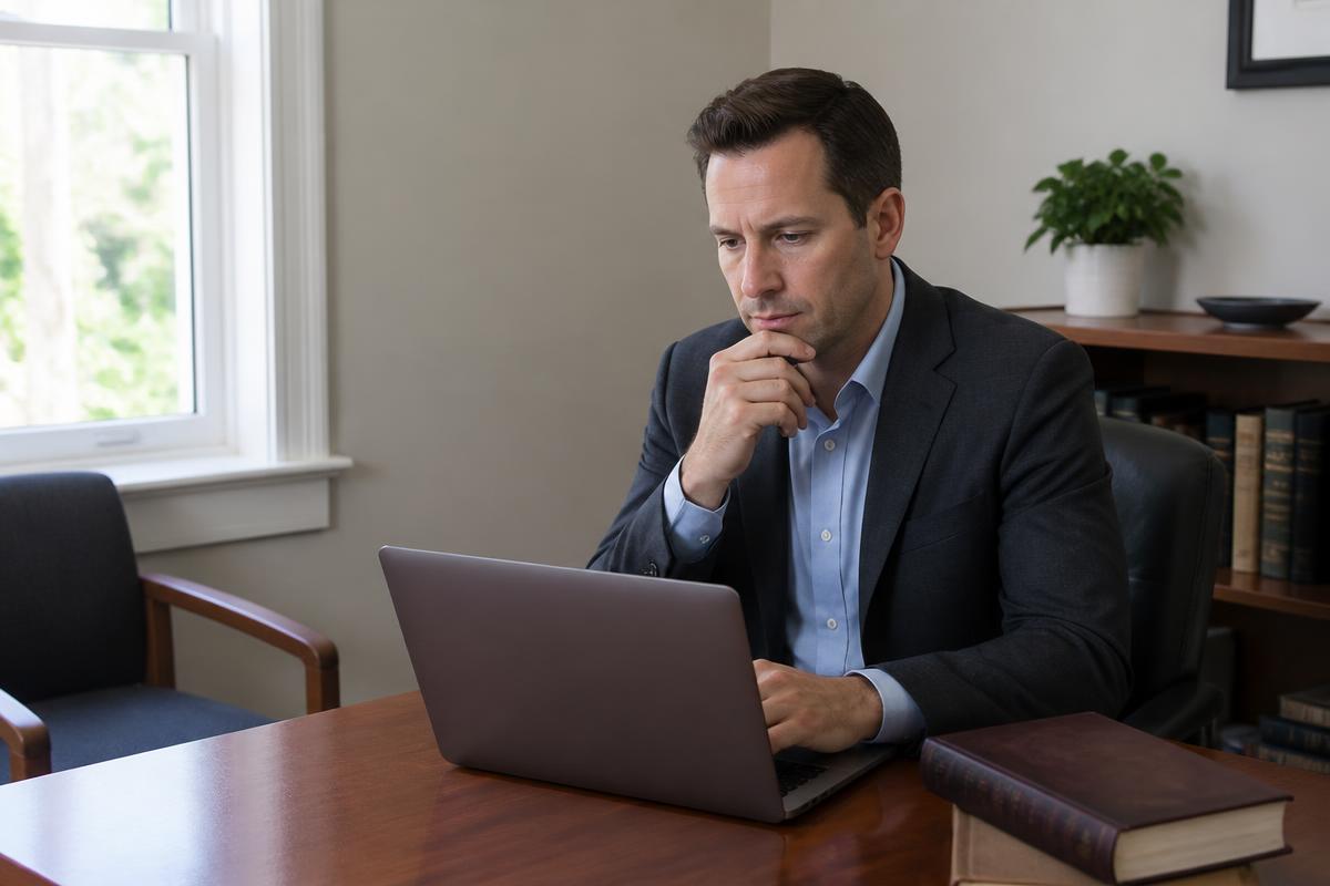 Attorney reviewing his law firm's website in his private office