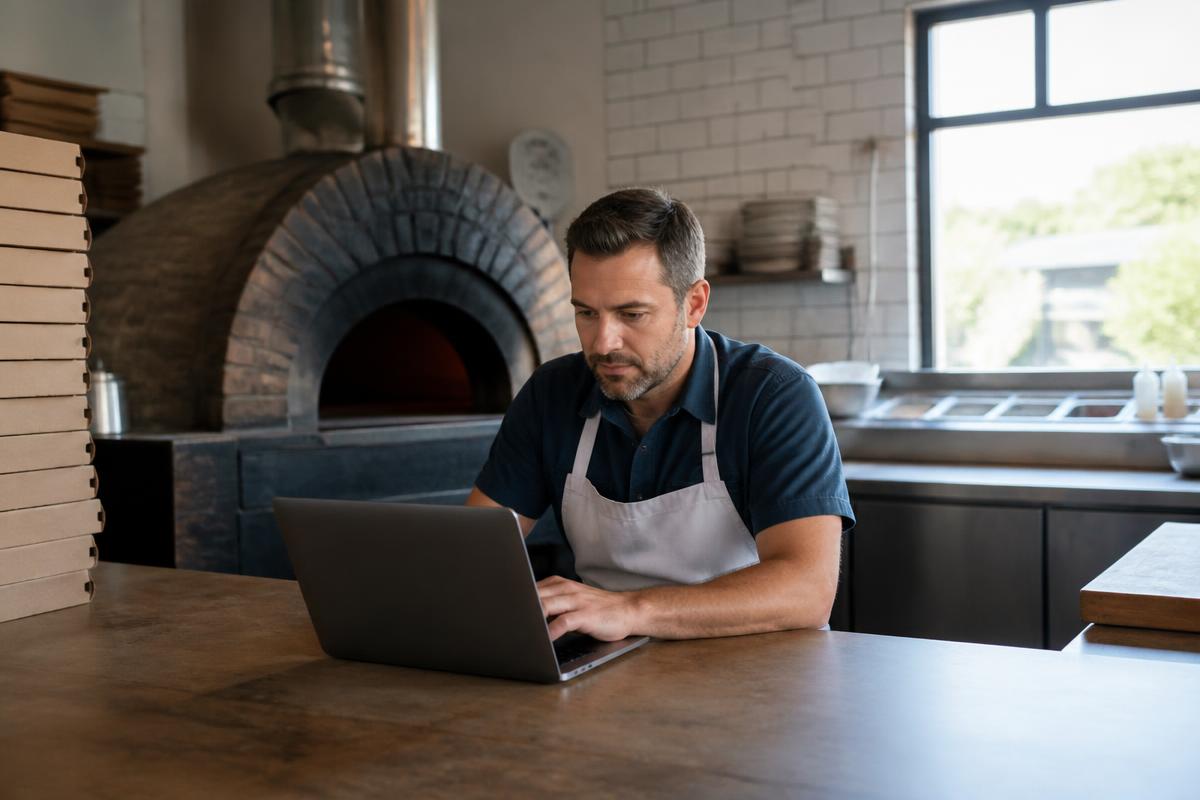 Independent pizza shop owner in the kitchen