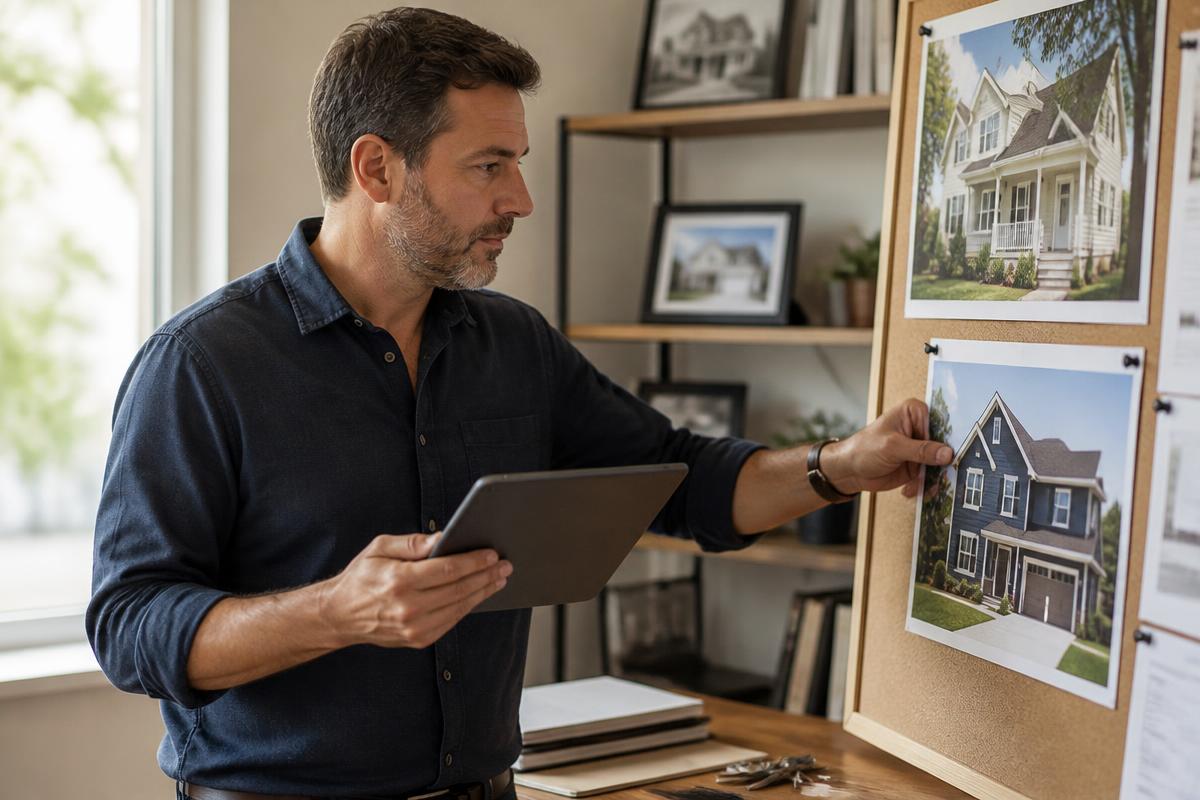 Real estate brokerage owner reviewing property pages for his business